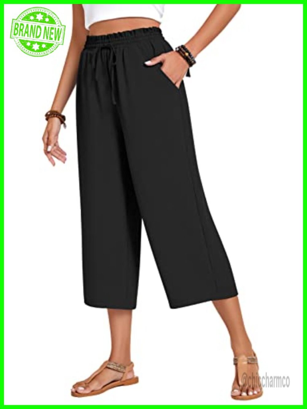 Women's Capri Pants Drawstring High Waist Wide Leg Lounge Trousers Pockets